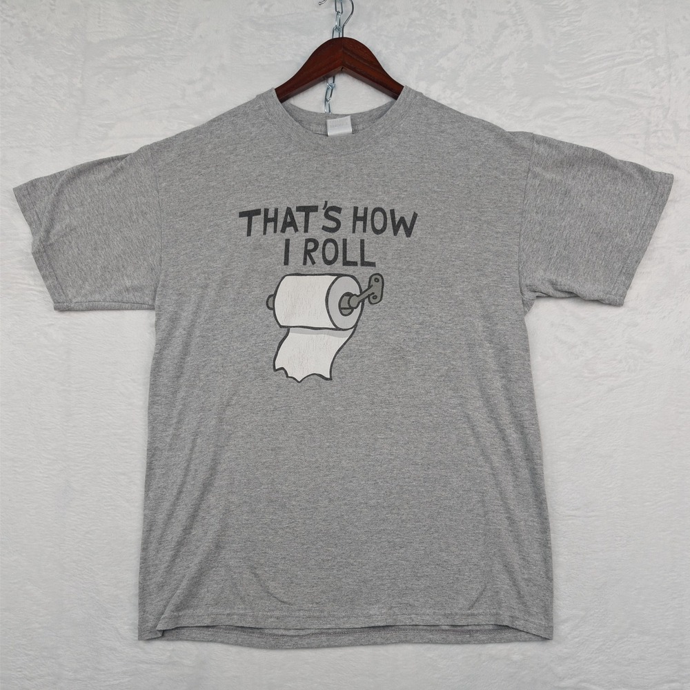 VTG Gildan T-Shirt Men's M Gray That's How I Roll Toilet Paper Graphic Funny Y2K